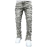 Giraropa Mens Black Stacked Jeans Slim Fit Ripped Jeans Destroyed Straight Denim Pants Harajuku Hip Hop Trouser Streetwear