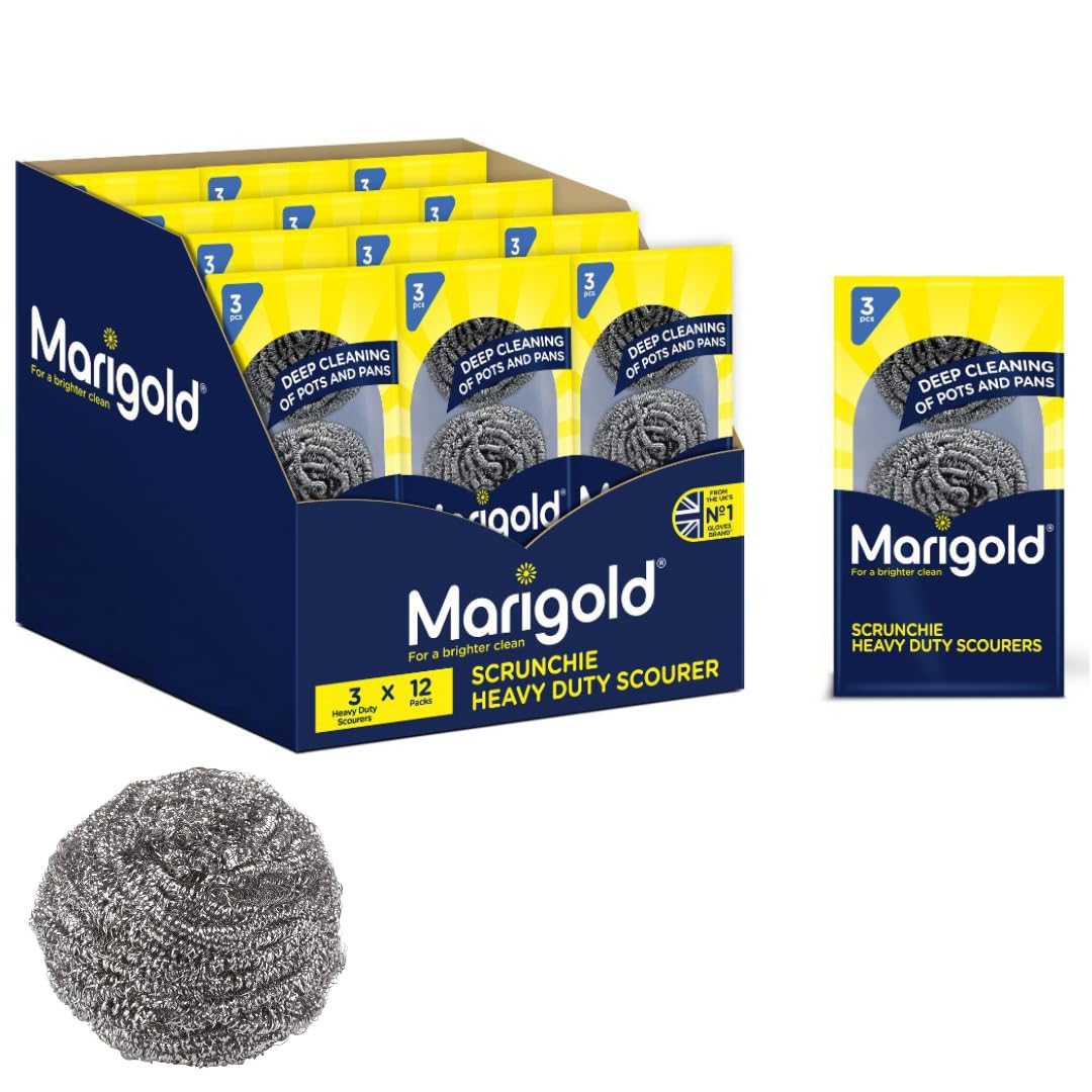 Marigold Scrunchie Stainless Steel Scourers | Heavy‑Duty Metal Spiral Pads for Stubborn Dirt & Burnt‑On Food | 12 Packs of 3 (36 Total) | 100% Rust‑Resistant Stainless Steel for Deep Cleaning