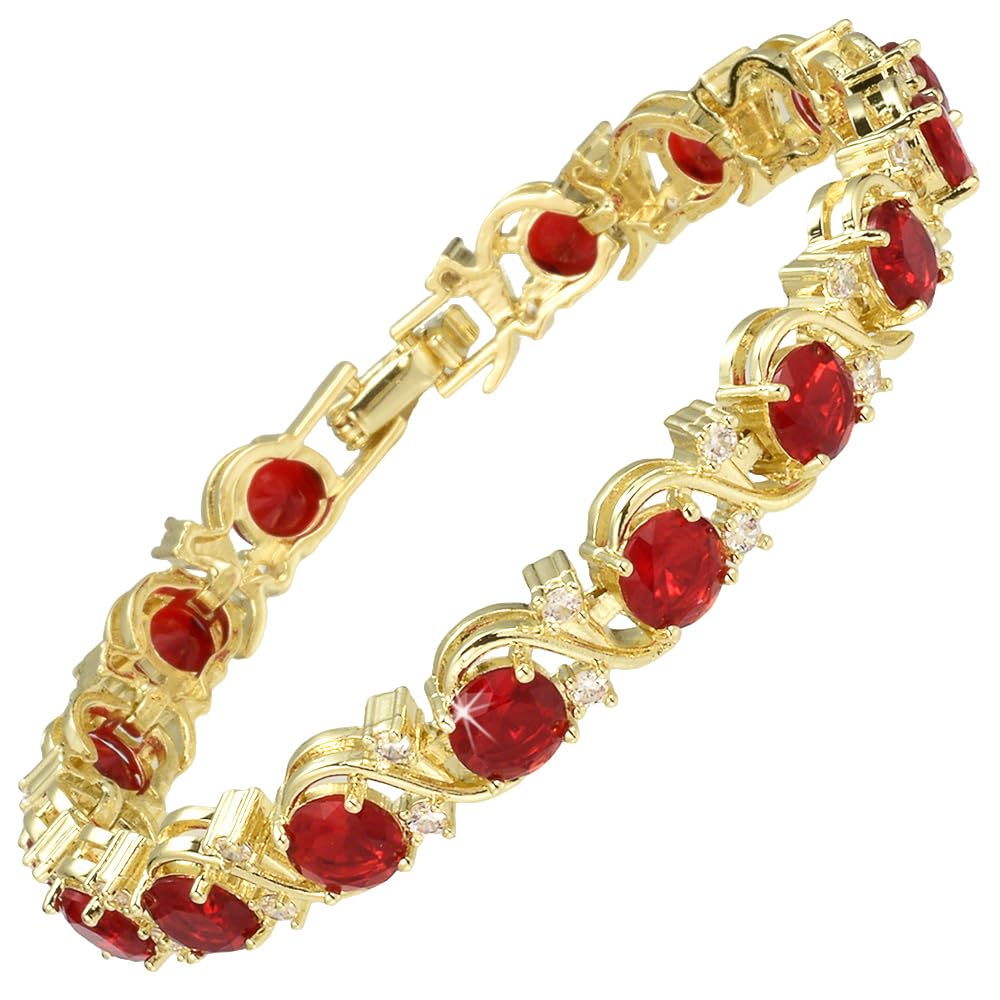 RIZILIA BLOSSOM Tennis Bracelet [18cm/7inch] with Round Cut Gemstones CZ [Red Ruby] in 18K Yellow Gold Plated, Simple Modern Elegance