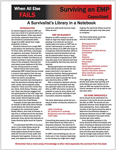 Surviving an EMP Capsulized, A Survivalist's Library in a Notebook: The sheet provides instructions for identifying and surviving an electromagnetic pulse from a natural event or man-made weapon.