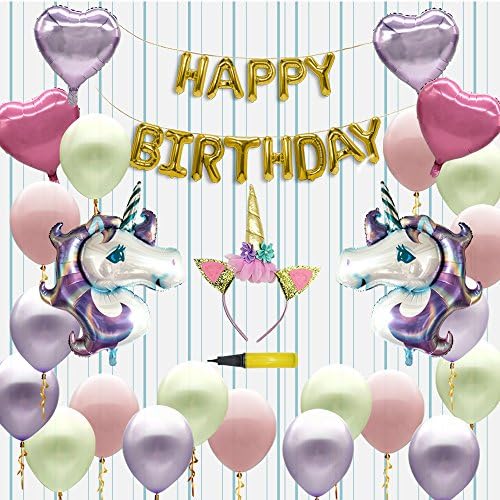 Unicorn Decoration Birthday Party Supplies and Decorations for Girl’s Birthday Party |Unicorn Kit with Helium Balloons and Gold Glitter Unicorn Headband Horn Happy Birthday Unicorn Banner