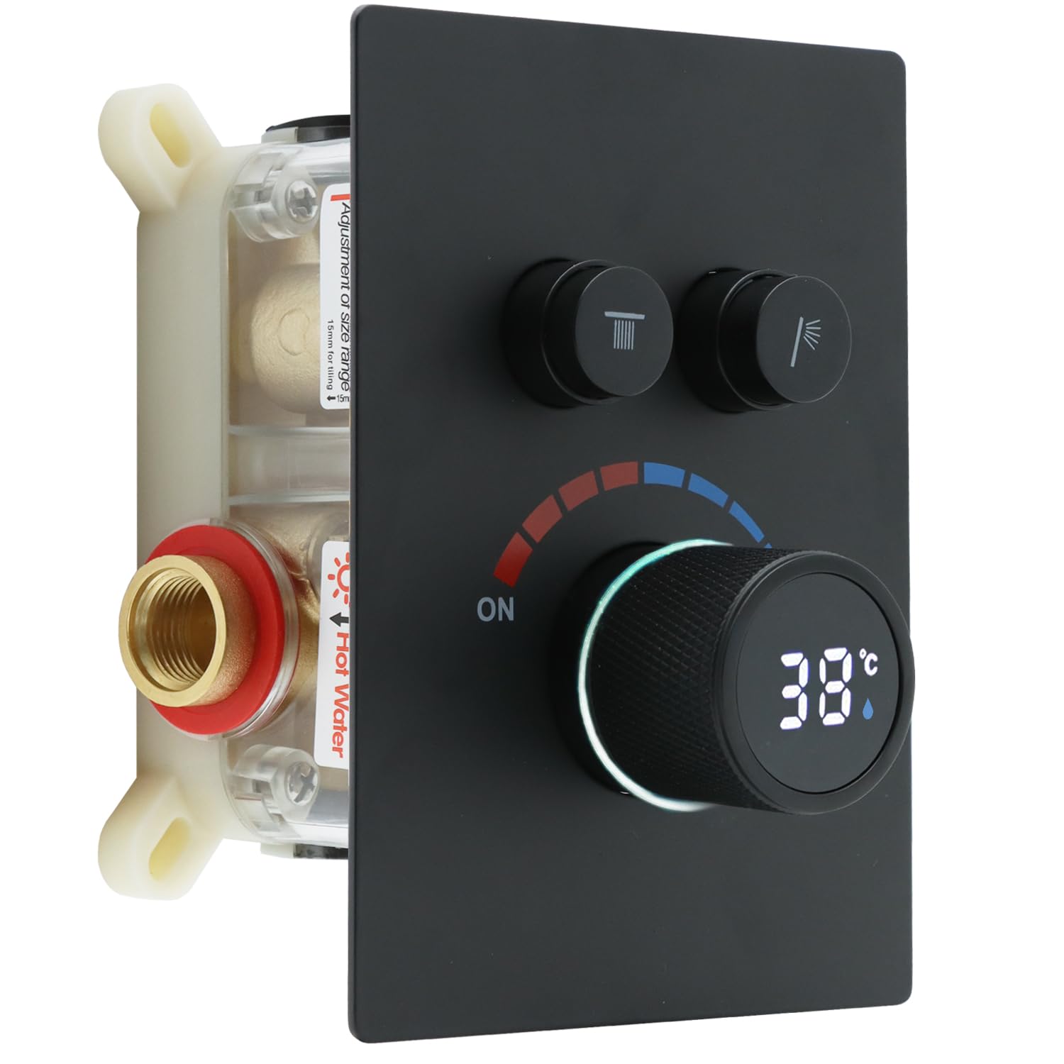 Delnet Solid Brass Shower Mixer Valve, Concealed 2 Way Outlet Digital Display Diverter Valve, Can Use All Options at A Time, Matte Black