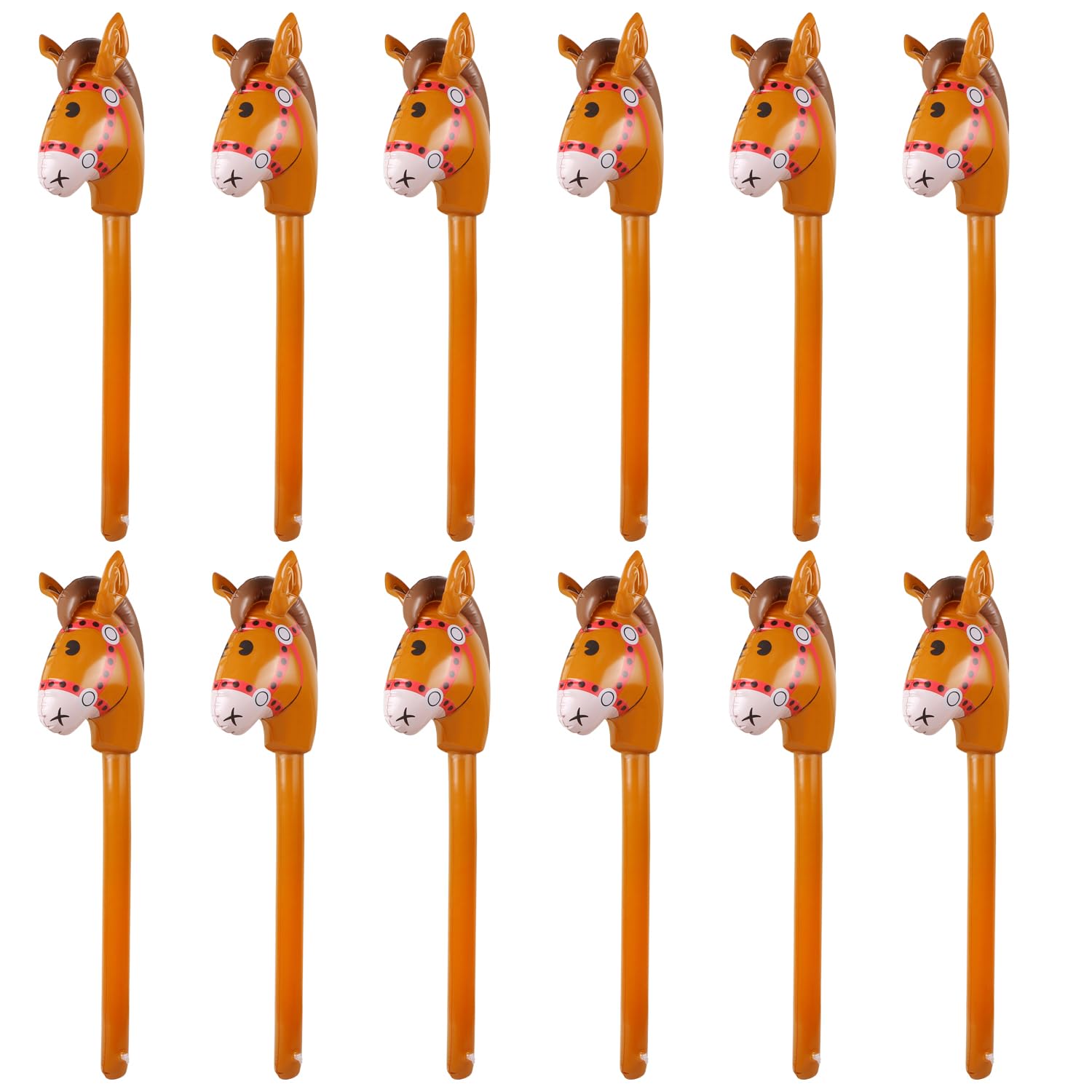 Photo 1 of 12PCS Inflatable Stick Horse,Blow Up Horse Head on Stick Pony Costume Western Cowboy Cowgirl Baby Shower Birthday Party Decorations Halloween Supplies Favors Props, 38 Inches (Brown)