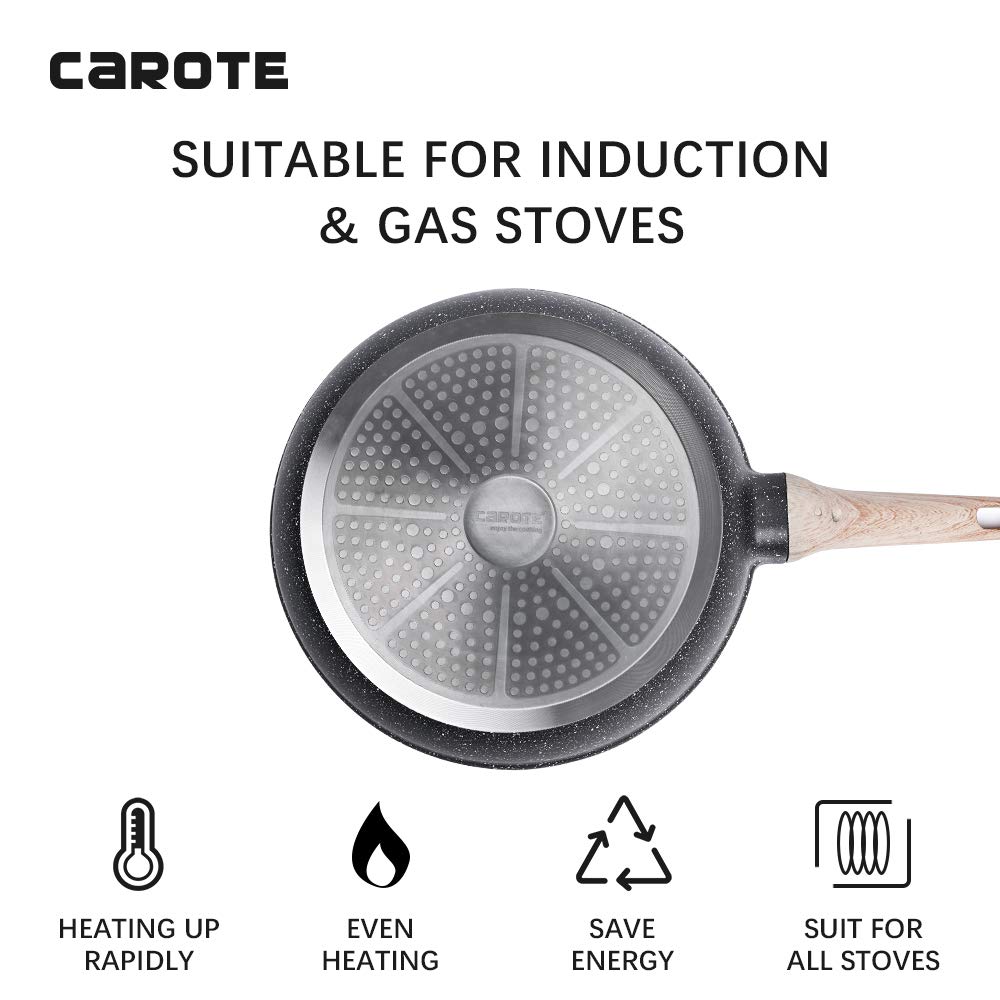 Carote 10インチ ノンスティックフライパンスキレット ストーン調理器具グラナイトコーティング ブラック