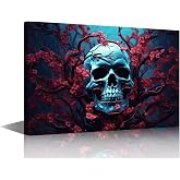 Modern Wall Art 1 Panel Scary Halloween Skull Decorated with Many Flowers Pictures Print On Canvas for Home Decoration, Wooden Framed Gallery-Wrapped Ready to Hang, 18