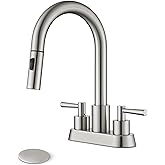FELIXBATH Bathroom Sink Faucet with Pull Out Sprayer 2 Handles, Brushed Nickel Pull Down Bathroom Faucet 3 Holes, 4 Inch Sink Faucet Bathroom, 360 Degree Swivel Spout, Pop Up Drain Assembly Included