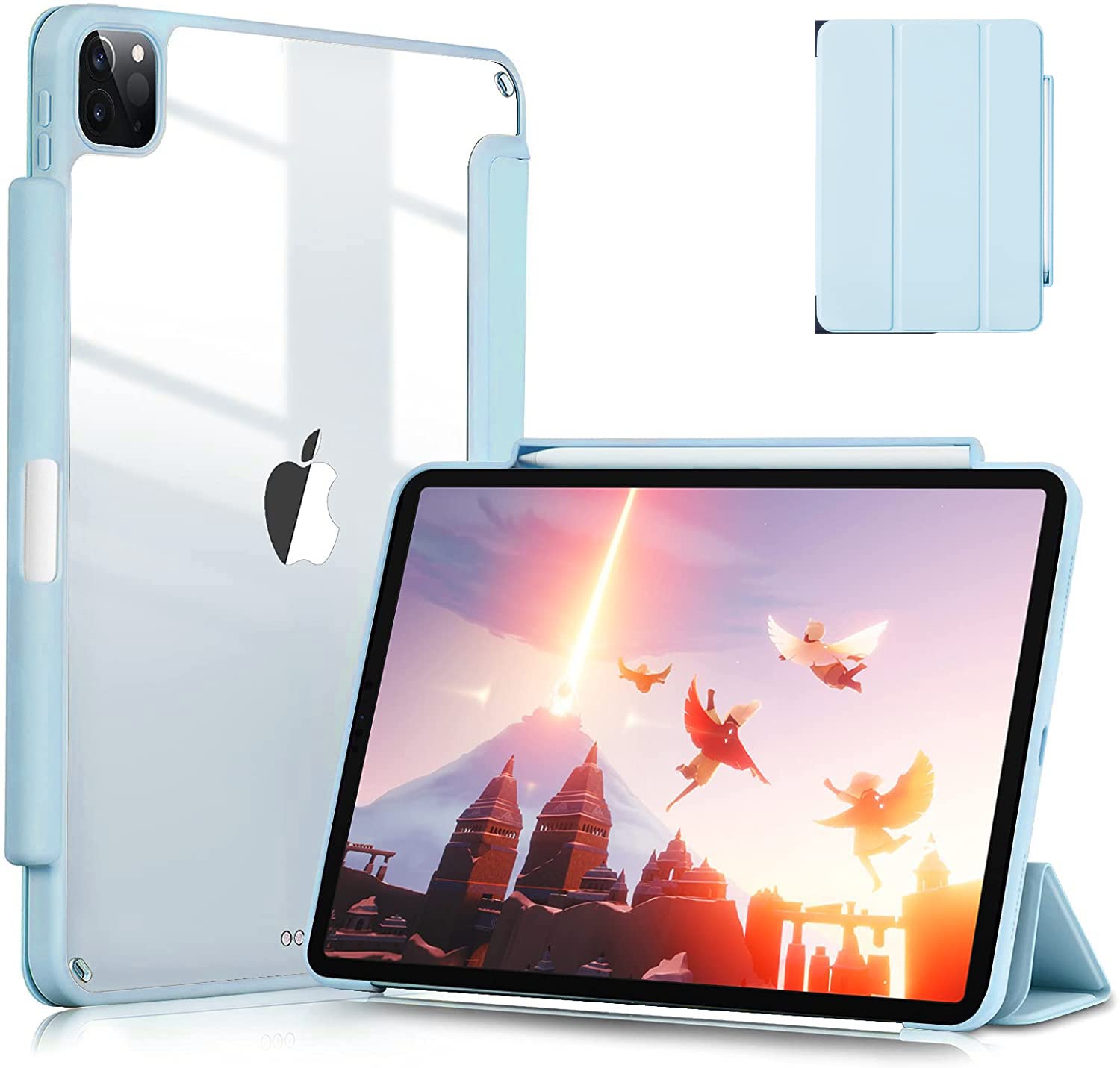 Smart Protective Case for iPad Pro 11 2020/2018, Support Apple Pencil 2, Shock Proof with Auto Wake/Sleep Function and Frosted Translucent Hard Back Cover (Sky Blue)