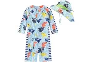 ERDAWUM Toddler Baby Boys Swimsuit Rashguard One Piece Zipper Bathing Suit with Sun Hat Infant Swimwear Sunsuit UPF 50+