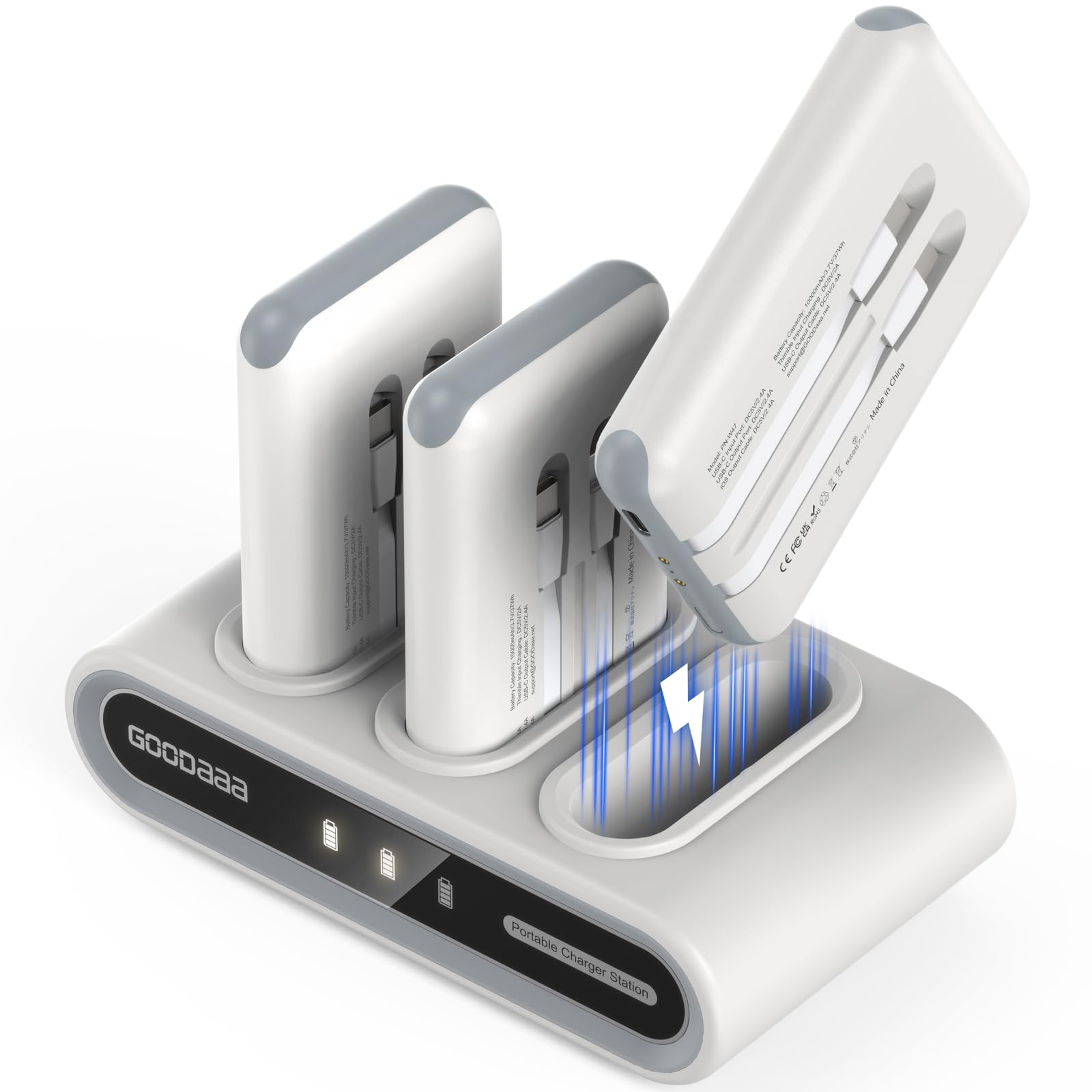 GOODaaa Portable Charger, 3-Pack 10000mAh Slim Power Bank Built in Cables, 3 Outputs 1 Inputs for All Mobile Devices, Charging Station Set Includes 180 DlY Stickers, for Home,Office,Restaurants,Travel