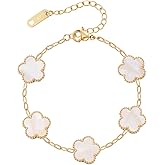 MIFKUD Four Leaf Clover Bracelet for Women 18K Gold Plated Bracelets White/Gold/Black/Blue/Pink Flower Leaf Link Clover Bracelet Lucky Clover Gold Bracelet Trendy Jewelry Birthday Gifts for Women