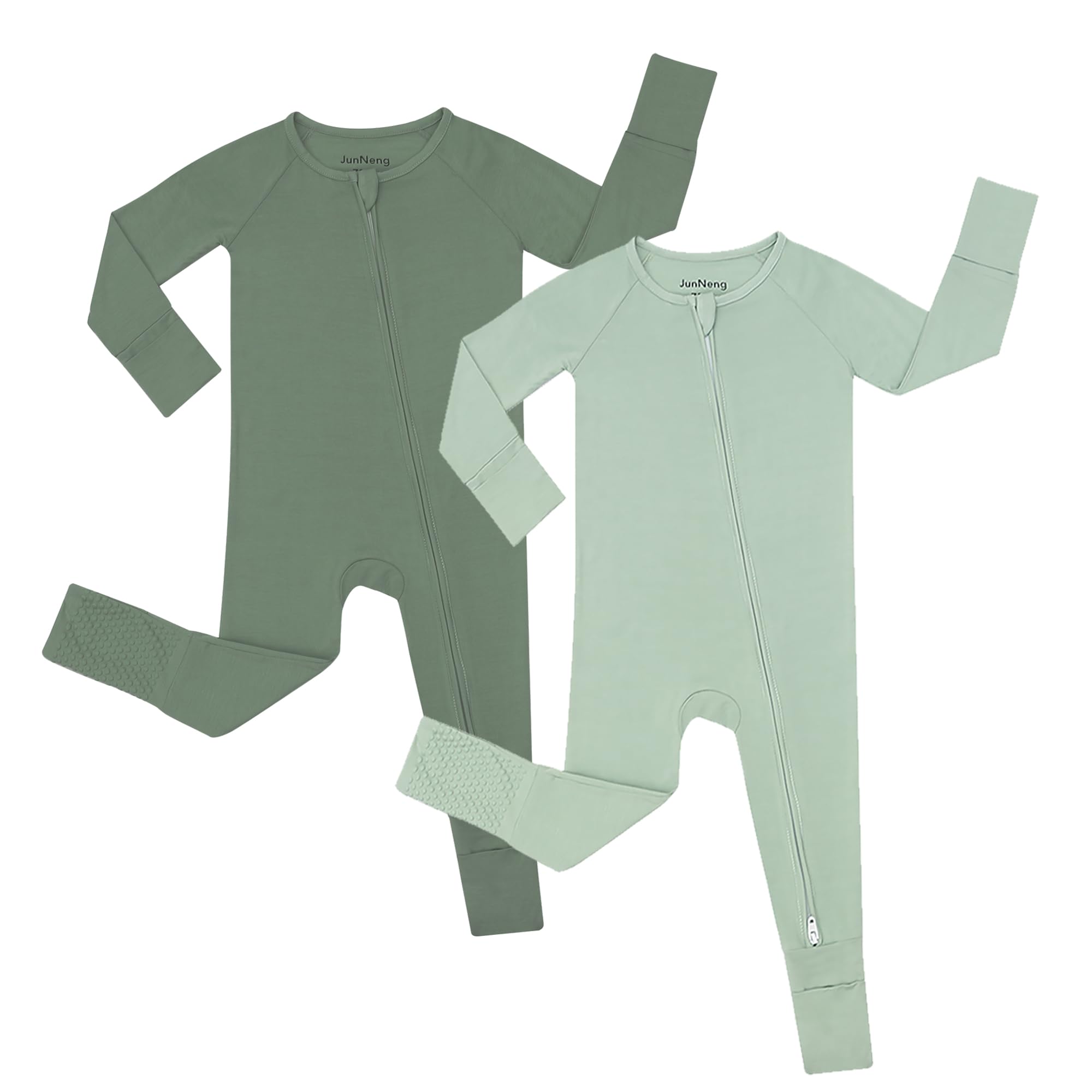 Photo 1 of JunNeng Rayon from Bamboo Baby Boy Pajamas, 2 Way Zipper Sleeper Romper with Fold Over Mittens, Non Slip Sleep'N Play Clothes Darkgreen+Green 0-3 Months