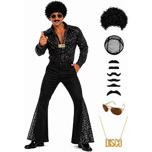 70s Outfits for Men, Disco Costume Set with Bell Bottom Pants & Accessories | Complete retro set with disco shirt, flared pan