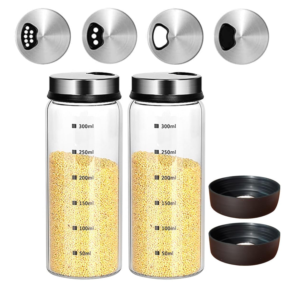 Photo 1 of 10 oz Glass Salt and Pepper Shaker Set with 304 Stainless Lid Adjustable Pour Holes Spice Jars Dispenser Seasoning Cans for Kitchen Decor and Home Restaurant Kitchen Accessories (2 Pcs, 300 ML)