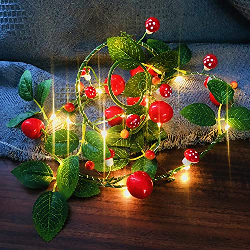 Künstliche Früchte Schaumstoff Kirsche Pflanze Schrauben Girlande mit 20 LEDs Lichterkette, Faux Früchte Wald Blätter Grün Kranz Rahmen für Haus Garten Hochzeit Party Dekor (2 m, Kirsche)