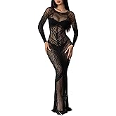 Dewinya Women's Sexy Sheer Lace Maxi Dress Long Sleeve Round Neck Mesh Evening Bodycon Party Gown