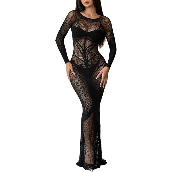 Amazon.com: NUFIWI Women Vintage Y2k Lace Maxi Dress Long Sleeve See  Through Mesh Bodycon Dress Floral Lace Maxi Long Slip (A Sexy Black,S) :  Clothing, Shoes & Jewelry
