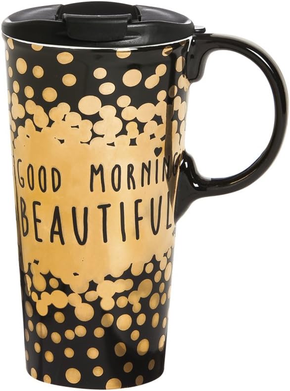 Amazon Com Cypress Home Good Morning Beautiful 17 Oz Ceramic Travel Coffee Mug Kitchen Dining