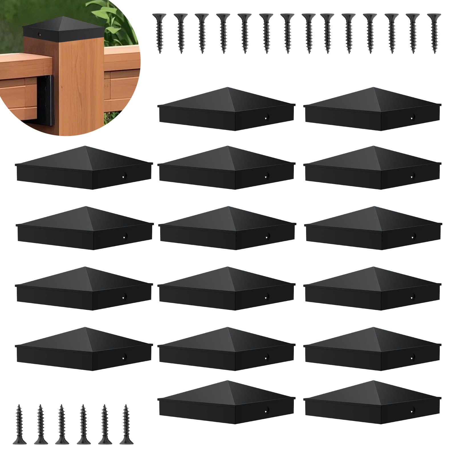 Photo 1 of 16 Pcs 4“x 4“(Actual 3.5" x 3.5") Aluminum Pyramid Fence Post Caps,Black Matte Post Covers Fit 4x4 Nominal Wood Post for Fence Wood Post of Decks or Corridors
