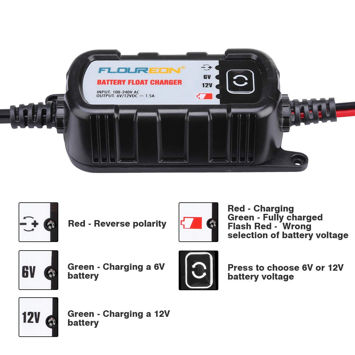 FLOUREON 6V/12V 1.5Amp Car Battery Charger Maintainer with LED Indicators Auto Trickle Charging for Automotive Vehicles Lawn Mower Boats RV AGM