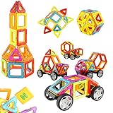 Magnetic Blocks by NSInew - Magnetic Building Tile Set 67 PCS with Car Wheels, Educational Construction Toys for Baby, Kids, Girls, and Boys with Bonus - Number Cards & Stylish Storage Bag.