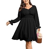 SCOMCHIC Womnes Plus Size Long Sleeve Mini Dress Smocked Elastic Waist Sweetheart V Neck A Line Dresses
