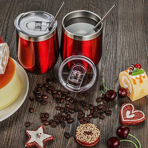 Fungun 12 oz Stemless Wine Tumbler, Stainless Steel Wine Glass, Insulated Tumbler with Lids for Wine, Coffee, Drinks, Cocktails, 2 Sets Including 2 Pieces Straws and Brush (Red) - Thumbnail 5