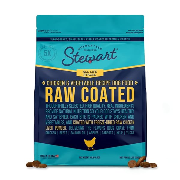 STEWART RAW COATED DOG FOOD, CHICKEN & VEGETABLE RECIPE, 10 POUND BAG, FREEZE DRIED CHICKEN LIVER POWDER COATING