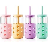 Mrsdry Glass Cups with Lids and Straws (4 Pcs), 16oz Drinking Glasses Set with Silicone Sleeves for Coffee Bar Accessories Iced Coffee Cups with Lids, Glass Tumbler Reusable for Gifts