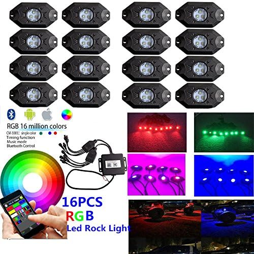 Night Break Light 16 Pods RGB Led Rock Lights with Bluetooth App Control Timing Function Music Mode Multicolor Underglow LED Neon Light kit for Auto Car Off Road Truck Pickup ATV SUV