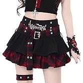 RILGOU Kawaii Lolita Grunge Gothic Casual Zipper A-Line High Waist Belt Layered Plaid Patchwork Hem Pleated Short Skirt