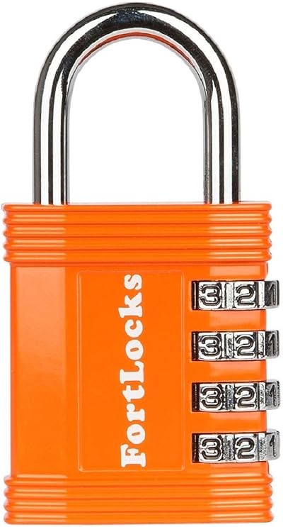 FortLocks Gym Padlock 4-Digit Combination Lock Indoor Outdoor Heavy-Duty Orange