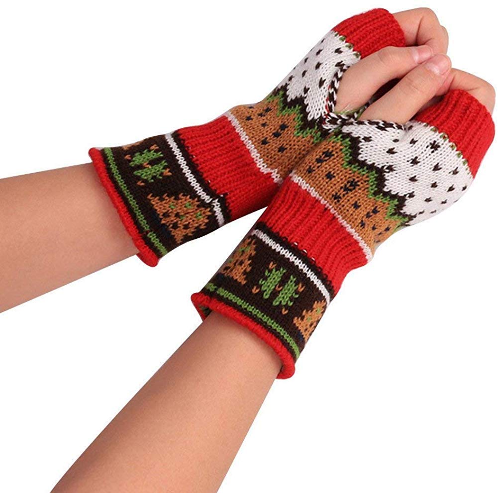 XY Ladies Gloves Fingerless Fashion Winter Warm Knitted Classic Mittens Printed Patterned Outdoor Mittens Clothes,Rot,One Size