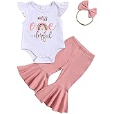 YOKJZJD Baby Girl 1st Birthday Outfit Onederful Short Sleeve Romper T-Shirt Tops Bell Bottom Pants Set 3Pcs Summer Clothes