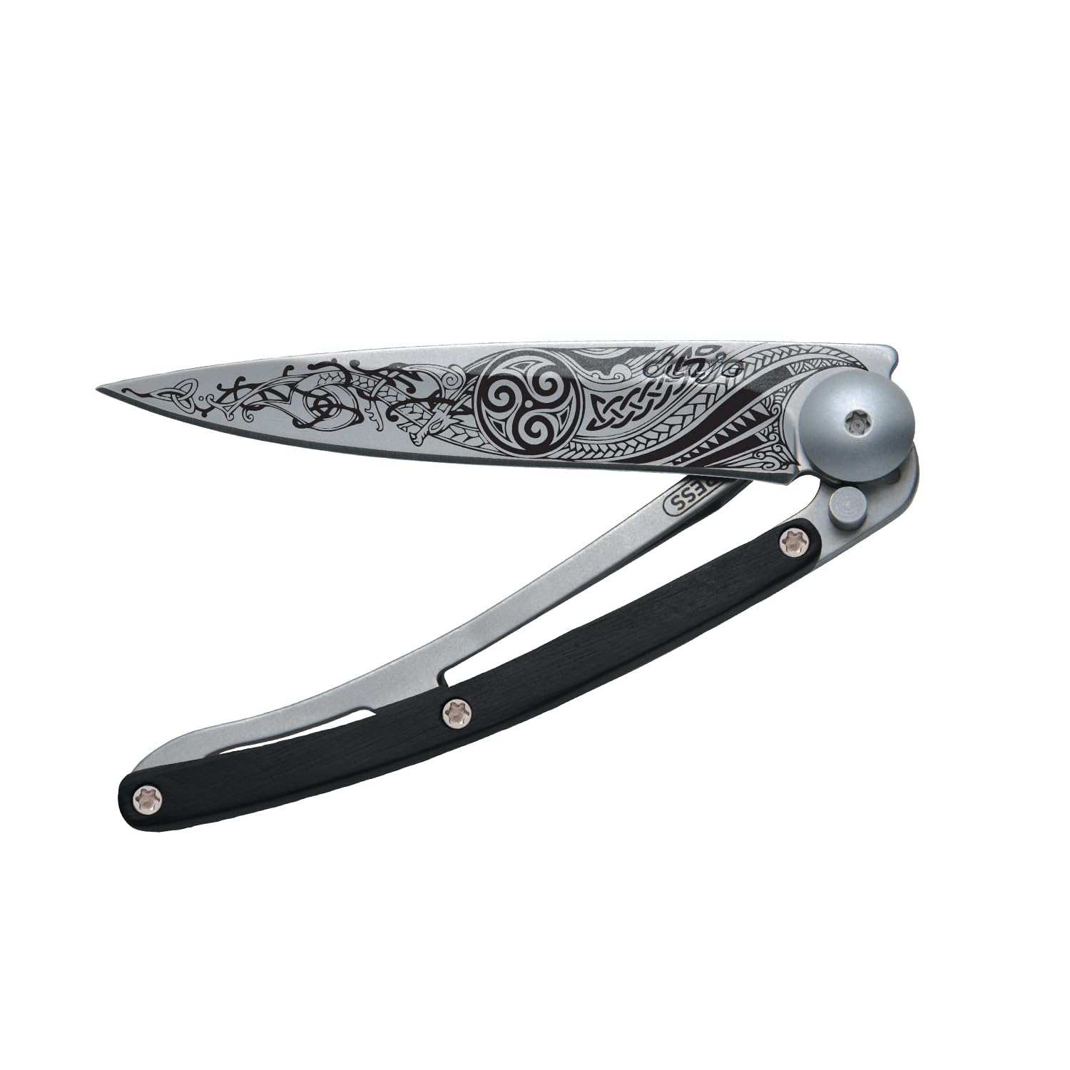 deejo – Klappbares Taschenmesser 27 g mit Gürtelclip – Griff aus Ebenholz, Klinge aus Edelstahl Z40C13 – Keltisches Motiv – Tischmesser, Wandern, Camping, Biwak