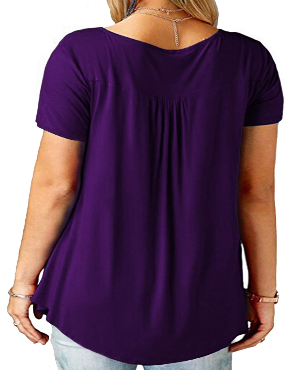 DIOLOCA Women\'s Tops Plus Size Button Up Shirts V Neck Pleated Blouses Short Sleeve Purple 4X