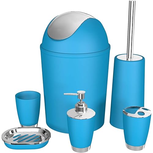 SOELAND Bathroom Accessories Set,6 Pcs Plastic Gift Set Toothbrush Holder,Toothbrush Cup,Soap Dispenser,Soap Dish,Toilet Brush Holder,Trash Can,Tumbler Straw Set Bathroom