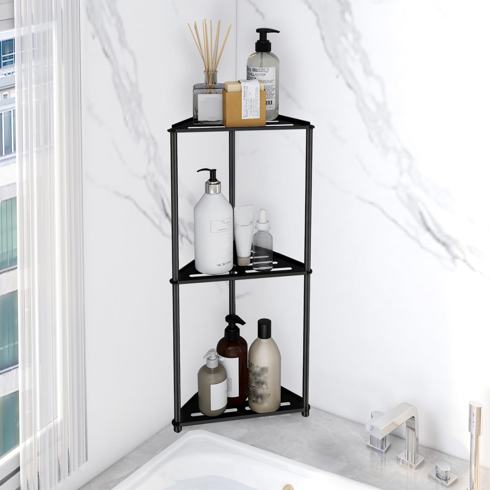 Photo 1 of HARDWARE NOT INCLUDED --------------------------------------------------------XEENEW Standing Shower Caddy Corner, 3 Tier Stainless Steel Shower Organizer Stand, Rustproof Corner Shower Shelves, Corner Shower Caddy Bathroom Shower Stand, Black
