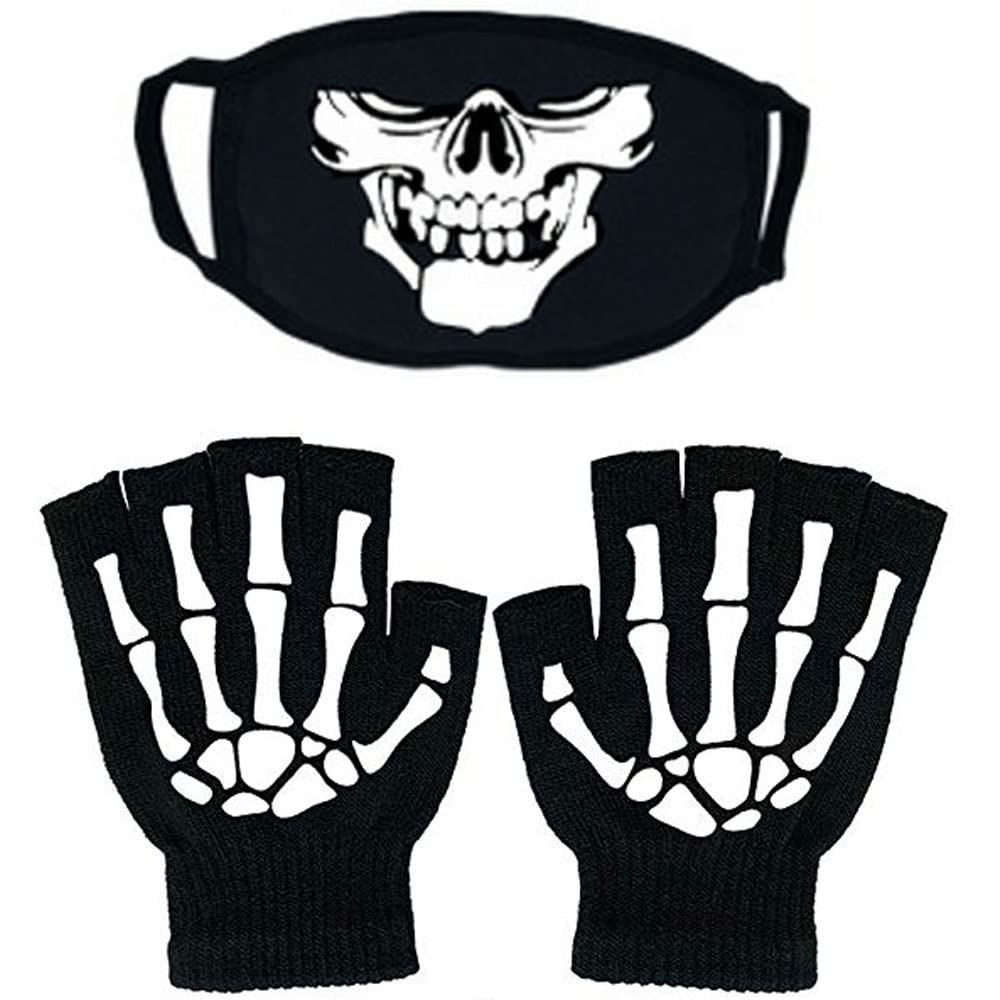 BOMJJOR Fingerless Skeleton Gloves and Skull Maskfor Kids Glow in Dark Unisex Hand Riding Knit Gloves Halloween Black (Skullmask glove)