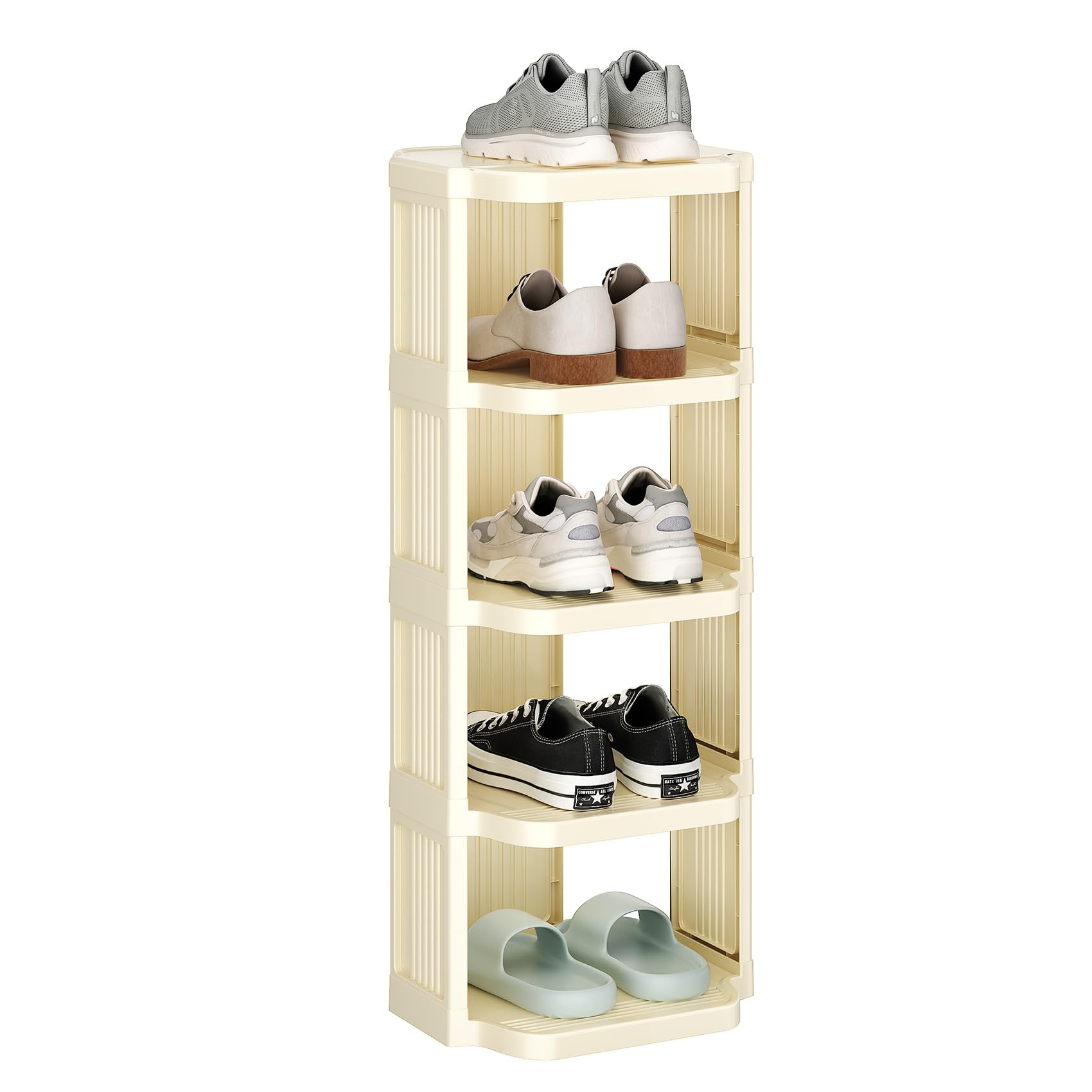 Kitstorack Vertical Shoe Rack: 5 Tiers Stackable Shoe Rack for Closet DIY Free Standing Shoe Organizer Small Shoe Shelf for Small Spaces and Narrow Spaces Plastic, White