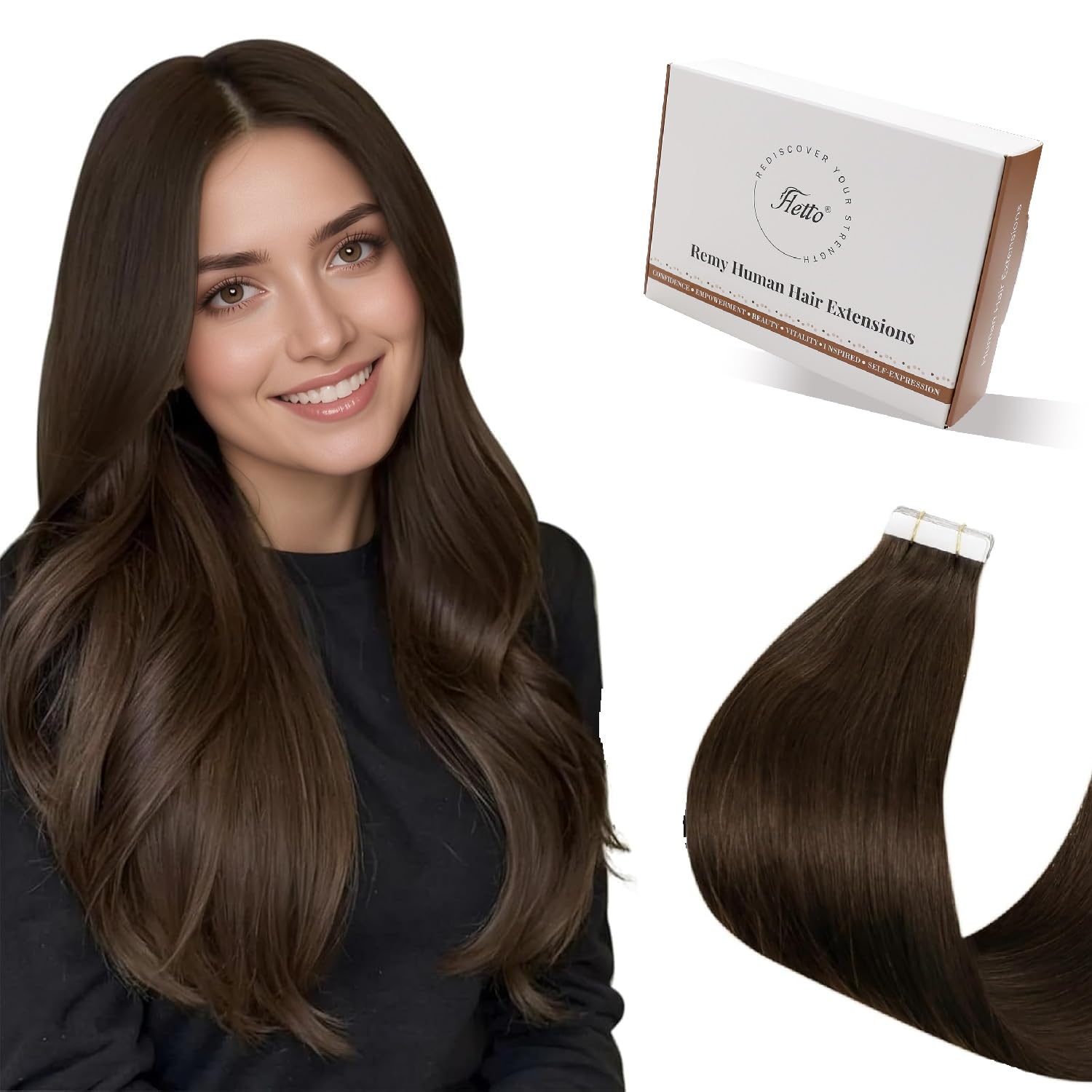 Hetto Tape in Hair Extensions Human Hair Brown 18 Inch - Invisible Tape Hair Extensions Real Human Hair Tape Ins Straight, Undetectable Secure Hold for Workdays 20pcs 50g #4