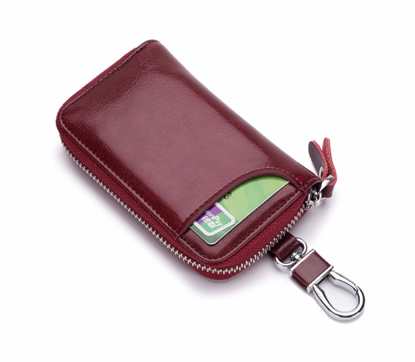 Genuine Leather Key Case Card Holder - 6 Hooks, 2 Long Car Key Chain - 1 Outer, 2 Inner Card Banknotes Slots - Wine Red