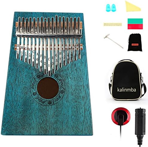 17 Keys Kalimba Thumb Piano Mbira Sanza Mahogany Body, with Multifunctional pickupsand Tune Hammer, for Beginners and Advanced Players (Green)