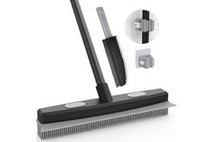 Sunally Rubber Broom Pet Hair Remover, Fur Remover Broom with Squeegee for Fluff Carpet, Hardwood Floor, Tile, Window, Black Grey, Includes Portable Lint Remover Brush and Broom Holder