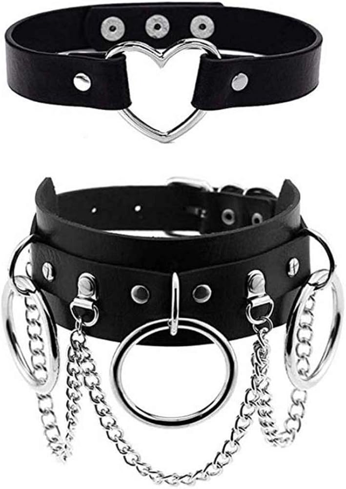 MJartoria Gothic Jewelry-PU Leather Choker Necklace for Women-O-Ring Heart Punk Rock Adjustable Black Collar Choker Cosplayer (Style 1, 2 Pcs): Clothing