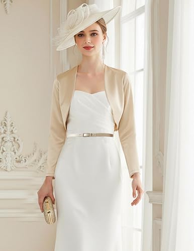 Belle Poque Women Long Sleeve Bolero Shrug Open Front Satin Jacket Ruffled Shrugs for Evening Dresses Formal in Saudi Arabia