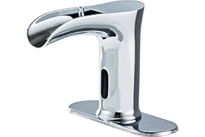 HHOOMMEE Touchless Bathroom Automatic Sink Faucets Waterfall Sensor Motion Hands Free Basin Commercial Auto Off Stop Faucet with Temperature Control Brass Mixer Deck Plate for Bath Vantiy Rv(Chrome)