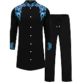 ZSJR Mens Long African 2 Piece Set Nigerian Dashiki Metallic Traditional Suit Gold Stamp Printed Shirt and Pants Outfit