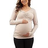 GINKANA Women Long Sleeve Maternity Shirts V Neck Ruched Sides Ribbed Knit Pregnancy Tee Tunics Tops