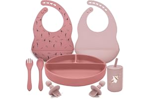 LITTLE RAWR Silicone Baby Feeding Set, Baby Led Weaning Supplies, Baby Spoons Suction Divided Plate Bib Cup, First Stage Solid Food Eating Utensils - 6+ Months(Pink-Red)