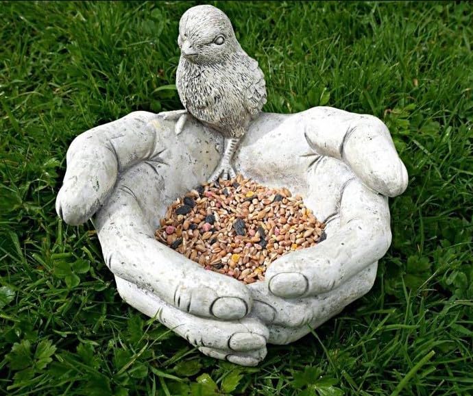 garden mile® Stone Effect Open Hands Garden Ornaments Bird Feeder Station Ornamental Bird Bath Stone Ornaments For Garden Freestanding Bird Bath or Feeding Station Suitable for Seed Peanuts